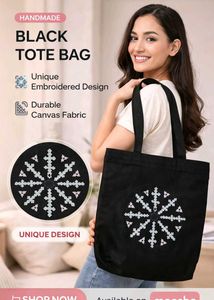 Stylish Black Tote Bag with Snowflake Design