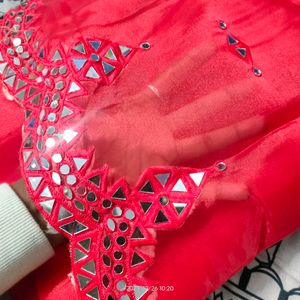 Beautiful Red Organza Real Mirror Work Saree With