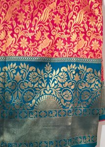 Pink &amp; Teal Blue Big Border Kanjivaram Silk Saree