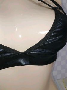 (100)Strappy Faux Leather Bra Top