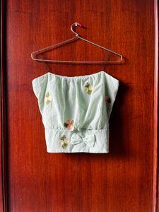 Cute Mint Green Crop Top with Floral Embroidery
