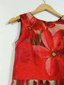 Neerus Red And Cream Floral Printed Sleeveless Long Dress (Women)
