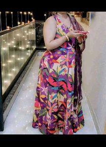 Vibrant Floral Print Purple Gown