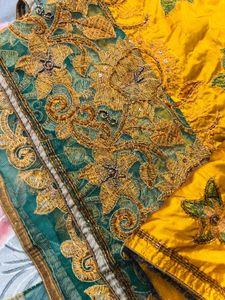 Elegant Gold &amp; Green Floral Saree