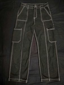 Black Contrast Stitch Cargo Pants