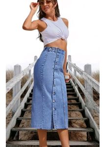 Denim Slit Midi Skirt With Silver Buttons