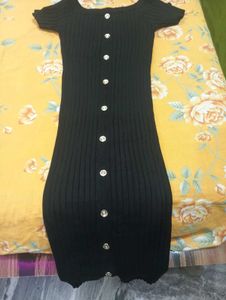 Chic Black Button-Up Ribbed Dress