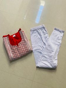 Red Chikankari Neck Design Kurta With Whitelegging