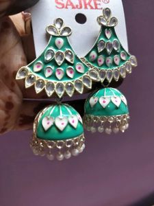 Green Jhumka Earrings with Pearls