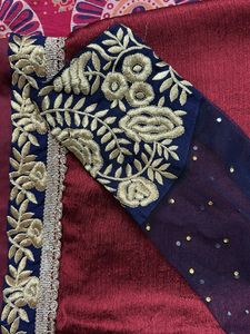Elegant Maroon &amp; Navy Embroidered Saree
