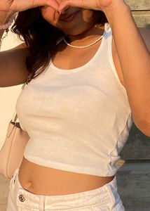 Chic White Ribbed Crop Tank Top - Slim Fit