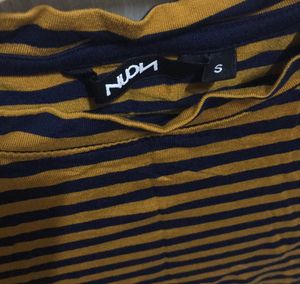 NEW Striped T-Shirt Top Nuon Brand In Mustard Brown and Navy Blue Stripes