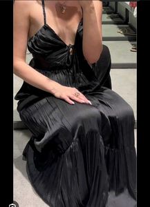 Elegant Black Satin Ruched  Dress