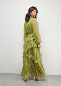 Olive Green Tiered Ruffled Swiss-Dot Maxi Dress