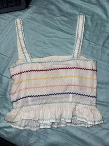 White Embroidered Ruffle Tank Top