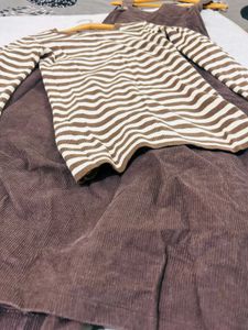 Women's Striped Long Sleeve Top &amp; Brown Overalls