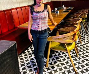 Trendy Plaid Top with Lace Trim