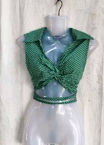 Green Gingham Twist Front Crop Top