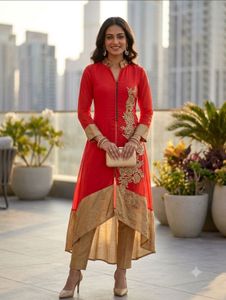Red peach ethenic with kurta Gold Embroidery