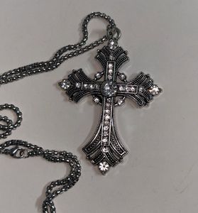 Silver Toned Crystal Cross Necklace