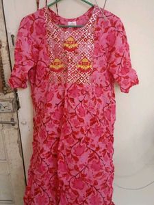 Vibrant Pink Floral Kurta with Embellished Necklin