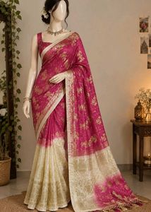 Elegant Rani Pink & Cream Gold-Brocade Designer Sa