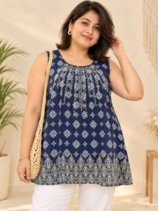 Blue Printed Sleeveless Kurti 38"-40"