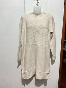 Cream Ribbed Knit Sweater Tunic