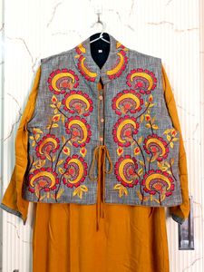 New Kurta With Embroidered Jacket Yellow