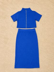 💙 Royal Blue Ribbed Co-ord Set | Mock Neck Zip To
