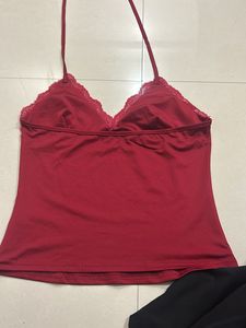 Red Lace Trim Halter Top