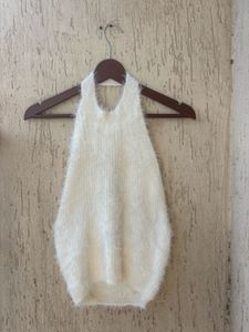 Fuzzy Cream Halter Neck Top