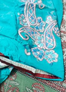 pure georgate Turquoise Embroidered saree
