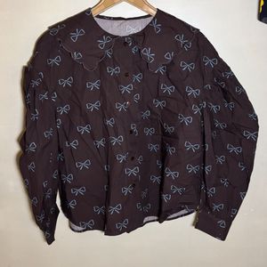 Cute Bow Print Button-Up Top