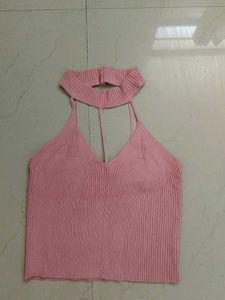 Pink Ribbed Halter Neck Crop Top