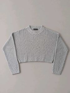 GREY MARLED RIBBED CROPPED SWEATER