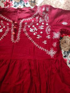Embroidered Red Cotton Kurta