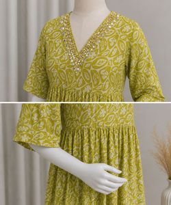 Women’s Olive Green Printed Cotton Maxi Dress with