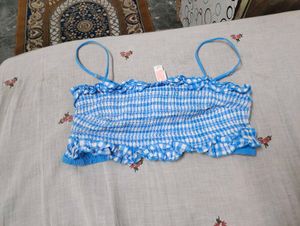 Blue Gingham Smocked Crop Top