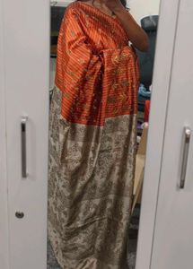 Orange Striped Saree with Embellishments