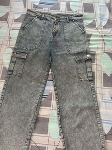 Womens Acid Wash Cargo Jeans
