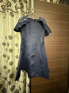 Elegant Navy Lace Shoulder Dress