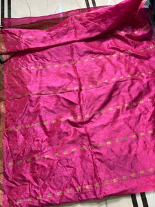 Vibrant Pink Silk Saree with Gold Border
