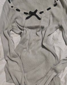 Grey Ribbed Long Sleeve Top with Bow