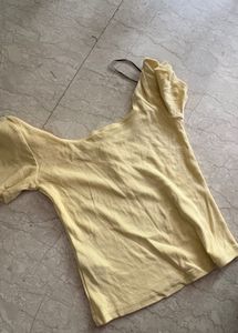 Yellow H&amp;M Lace Trim Button-Up Top