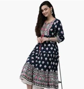 Rain &amp; Rainbow Navy Blue Printed  Anarkali Kurta