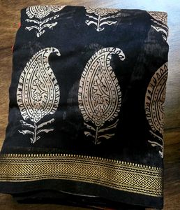 Elegant Red &amp; Black Paisley Cotton Chanderi Saree