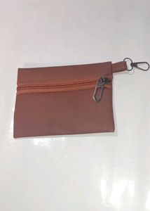 Brown Zipper Pouch with Keychain Clip