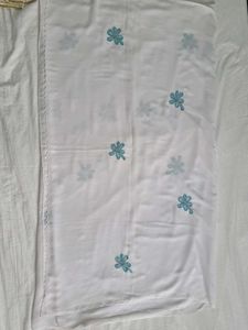 White Dupatta with Blue Flower Embroidery