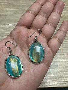 Unique Teal &amp; Gold Oval Earrings